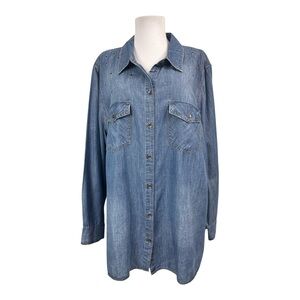 Jessica Simpson Women's 2X Button Down Blouse Denim Chambray Blue Pockets